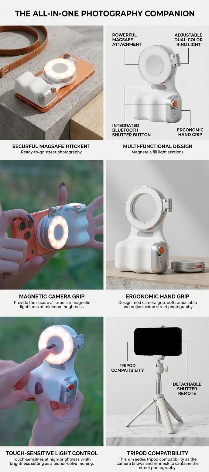 SnapGrip Pro: Magnetic Smartphone Camera Handle with Ring Light